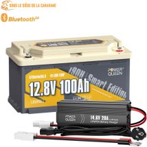 Batterie lithium 12V100Ah 1280Wh LiFePO4 Hauteur188mm(Bluetooth 5.0)+14,6V 20A Chargeur de Batterie au Lithium Power Queen Deux colis expédiés)