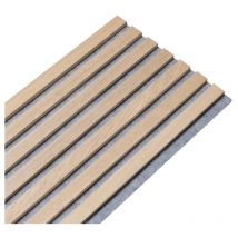 Panneau mural acoustique tasseaux bois 250 x 30 x 2 cm - Lamelles chêne clair véritable sur fond gris - 0,75m²