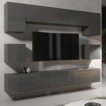 Olivia Furniture - Panorama Wall tv Unit - Dark Grey with Gloss Doors & led