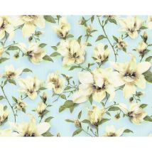 Papel pintado floral EDEM 9080-29 Papel pintado no tejido gofrado con ornamentos florales efecto satinado azul verde blanco 10,65 m2