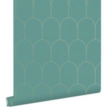 Estahome - papier peint art déco bleu canard et or