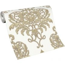 Papier peint blanc et doré baroque élégant | Tapisserie baroque blanche crème & or | Papier peint damassé motifs larges chambre