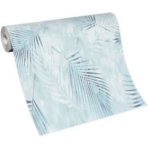 Papier peint bleu & blanc salon motif feuille | Tapisserie motif feuille bleu aquarelle | Papier peint style aquarelle intissé chambre