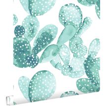 Estahome - papier peint cactus peint à l'aquarelle turquoise grisé