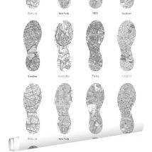 Estahome - papier peint cartes de villes en empreintes de chaussures de running noir sur blanc