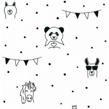 Papier peint chambre bébé moderne | Papier peint animaux noir & blanc | Tapisserie chambre enfant motif panda, lama & licorne - 10,05 x 0,53 m