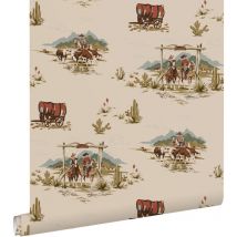 Estahome - papier peint cow-boys cervine, bleu et vert
