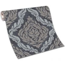 Papier peint damassé baroque noir & gris irisé chambre adulte | Tapisserie baroque noire salon & chambre | Papier peint intissé baroque