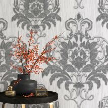 Papier peint damassé beige crème & gris | Tapisserie chic baroque idéale chambre adulte | Papier peint baroque motifs larges intissé