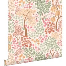Estahome - papier peint des arbres et des fleurs terracotta, rose et vert