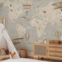 Hxadeco - Papier peint enfant carte du monde et montgolfieres