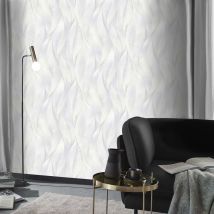 Papier peint feuille gris clair salon & chambre adulte | Tapisserie grise claire grosses feuilles couloir & bureau | Papier peint intissé