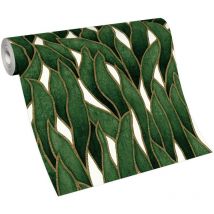Papier peint feuille vert & doré moderne | Tapisserie verte & or motif feuille tendance | Papier peint intissé salon & chambre adulte
