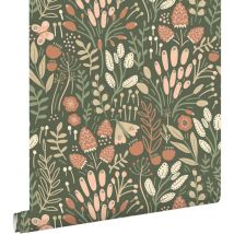 Estahome - papier peint feuilles et fleurs vert et terracotta
