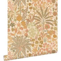 Estahome - papier peint feuilles et fleurs tropicales orange et vert olive grisé