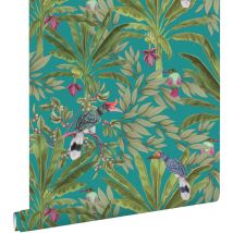 papier peint feuilles de la jungle tropicale et oiseaux de paradis bleu canard et vert jungle - ESTAhome