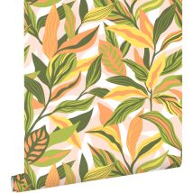 Estahome - papier peint feuilles tropicales vert, orange et jaune