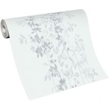Papier peint fleuri gris & blanc chambre adulte | Tapisserie florale blanche & grise salon | Papier peint intissé style campagne chic