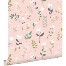 Estahome - papier peint fleurs rose clair, vert et blanc