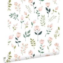 Estahome - papier peint fleurs blanc, rose et vert