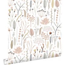 Estahome - papier peint fleurs des champs rose clair, gris et terracotta