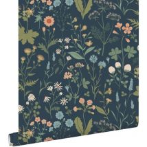 Estahome - papier peint fleurs des champs bleu foncé, vert et rose