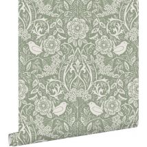 Estahome - papier peint fleurs et oiseaux de style art nouveau vert grisé