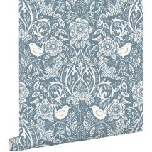 Estahome - papier peint fleurs et oiseaux de style art nouveau bleu gris