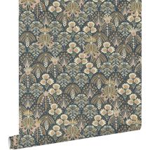 Estahome - papier peint fleurs vintage de style art nouveau blue foncé grisé