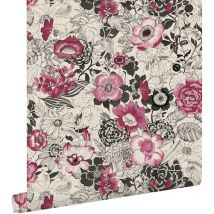 Estahome - papier peint fleurs rouge foncé et beige