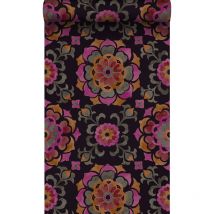 Origin - papier peint fleurs suzani noir, orange et rose Wallcoverings