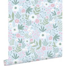 Estahome - papier peint fleurs vert et rose