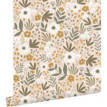 Estahome - papier peint fleurs vert grisé et marron