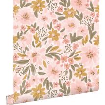 papier peint fleurs rose clair, jaune ocre et vert grisé - ESTAhome