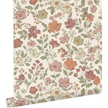 Estahome - papier peint fleurs terracotta, vert et blanc