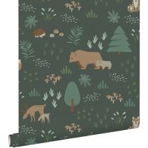 Estahome - papier peint forêt avec des animaux de la forêt vert foncé