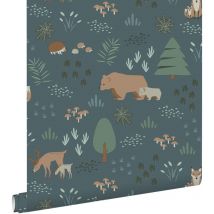 Estahome - papier peint forêt avec des animaux de la forêt bleu gris