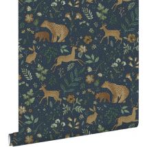 papier peint forêt avec des animaux de la forêt bleu foncé et beige - ESTAhome
