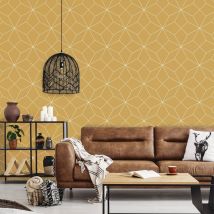 Hxadeco - Papier peint graphique jaune moutarde