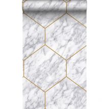 papier peint hexagone effet marbre blanc, gris et or - Origin Wallcoverings