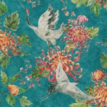 Papier peint japonais bleu canard & orange | Tapisserie animaux verte pour salon | Papier peint chambre oiseau intissé - 10,05 x 0,53 m