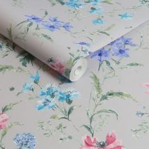 Laura Ashley - Papier peint intissé Poppy Meadow Pale 1005 x 52cm Rose, violet, vert, bleu