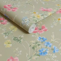Laura Ashley - Papier peint intissé Poppy Meadow Sage 1005 x 52cm Vert, jaune, rose, bleu