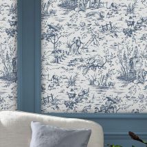 Laura Ashley - Papier peint intissé Toile de Jouy Dark Seaspray 1005 x 52cm Bleu