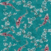 Papier peint japonais vert blanc & rouge pour chambre | Papier peint motif poisson japonais | Tapisserie verte motif animaux pour salon - 10,05 x