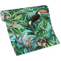 Papier peint jungle turquoise et vert avec oiseaux | Tapisserie tropicale turquoise chambre ado | Papier peint exotique intissé tendance