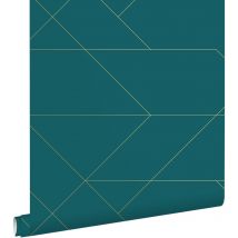 Estahome - papier peint lignes graphiques bleu canard et or