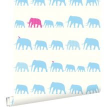Estahome - papier peint éléphants turquoise et rose