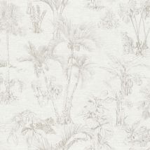 Papier peint motif tropical salon & chambre | Papier peint palmier & monstera écru vintage | Tapisserie grise & blanche tropicale - 10,05 x 0,53 m