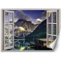 Papier peint mural, Fenêtre vue sur le lac, chalet à la montagne - 210x150